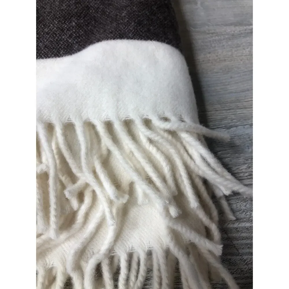 Woolrich Wool Blanket Throw Fringe Ivory & Brown Stripe 55.5